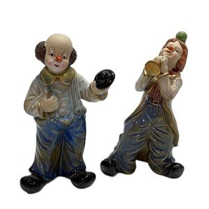 Set of Hobo Clown Porcelain Figurines Hat Tipping and Blowing The Trumpet